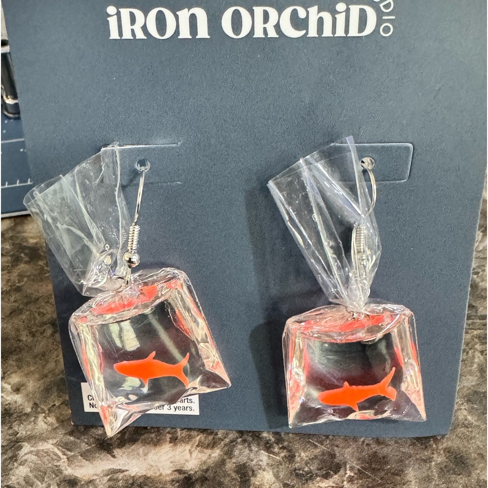 Iron Orchid Studio Orange Fish in A Bag Dangle Earrings New on Card